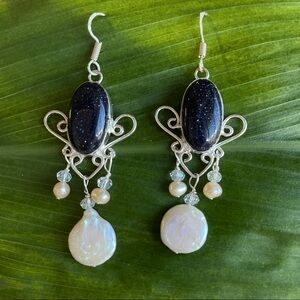 Sterling Silver 925 Blue Goldstone Dangle Earrings
